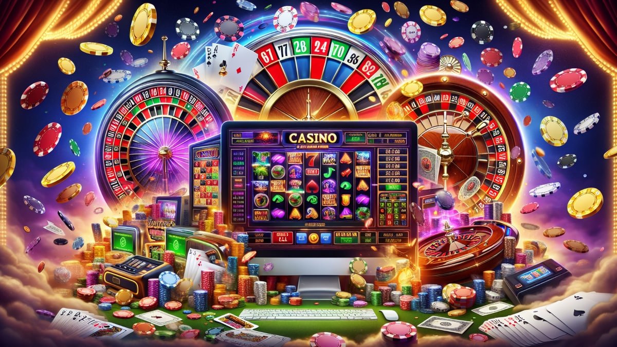 Ilustrasi mekanisme gulungan slot online dengan simbol-simbol khas permainan digital modern